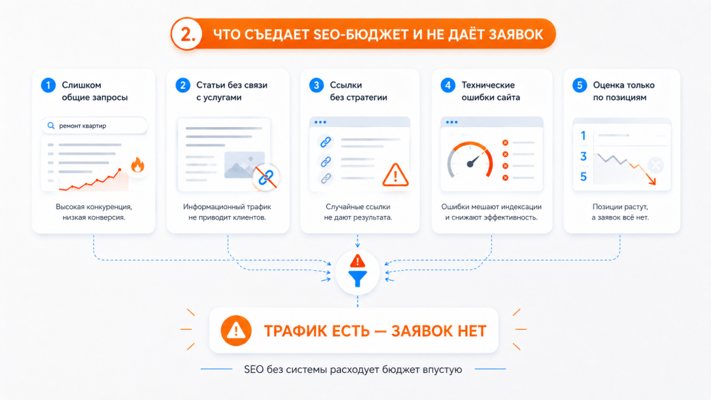 Что не дает заявок в SEO. Изображение создано с помощью ИИ.